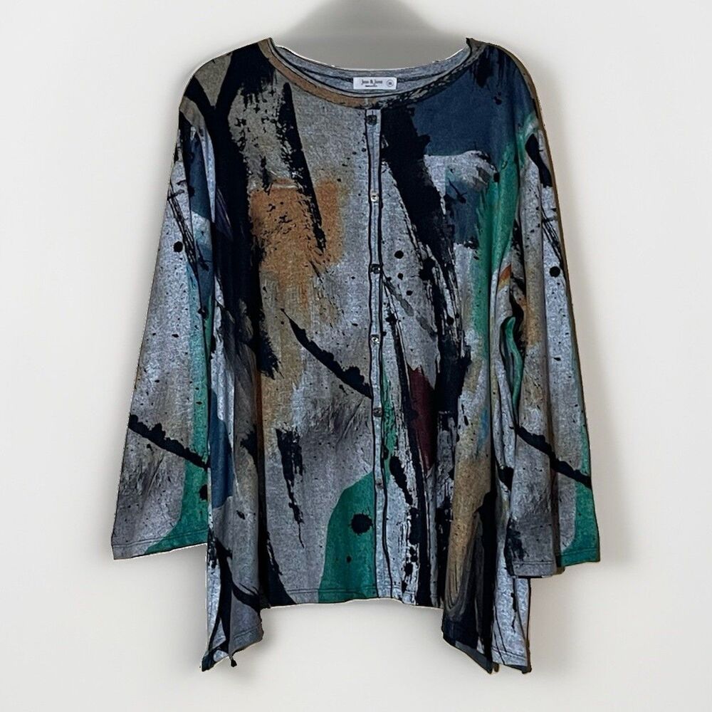 Jess & Jane Remi Tunic Top 2X Women’s Abstract Button Front Artsy Lagenlook USA